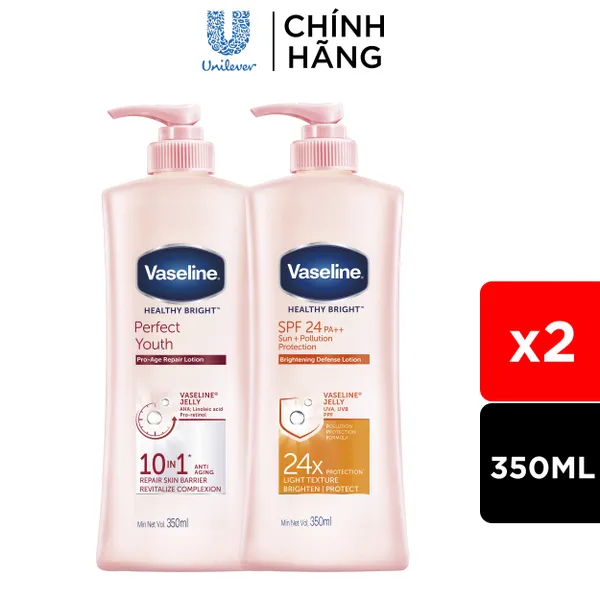Combo 2 Sữa Dưỡng Thể Dưỡng Ẩm Vaseline Sáng Da Chống Nắng Toàn Thân Spf24pa++ & Sáng Da Perfect Youth Cải Thiện Nếp Nhăn 350ml