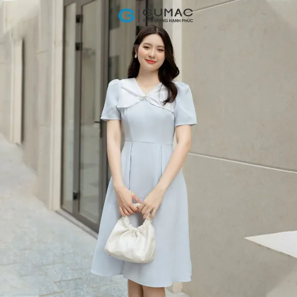 Đầm A cổ phối nơ GUMAC