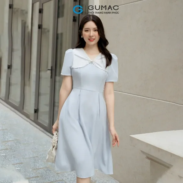 Đầm A cổ phối nơ GUMAC