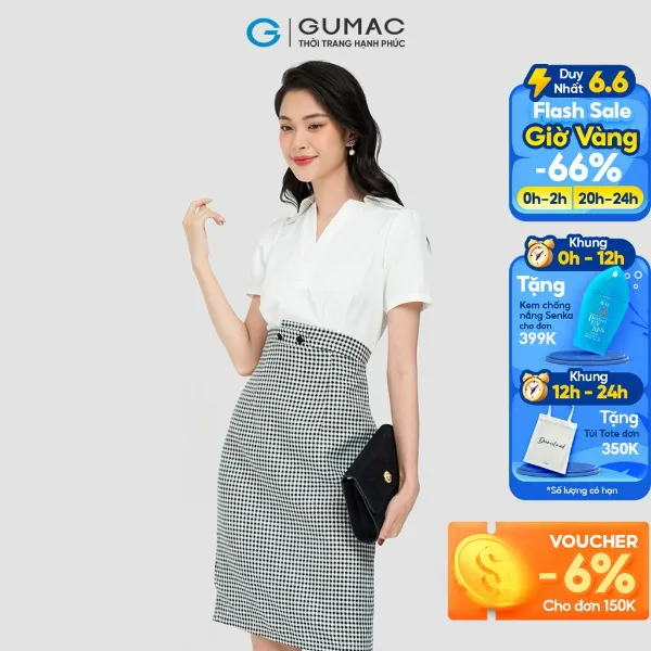 Đầm caro phối sơ mi thời trang GUMAC