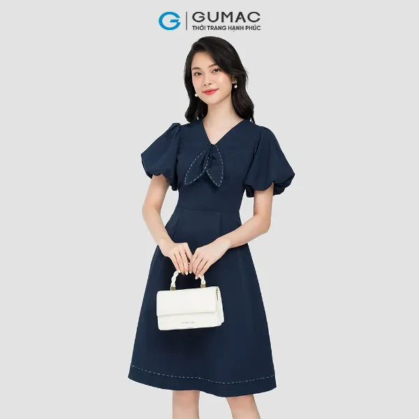 Đầm cổ nơ phối chỉ nữ GUMAC form chữ A nhiều màu
