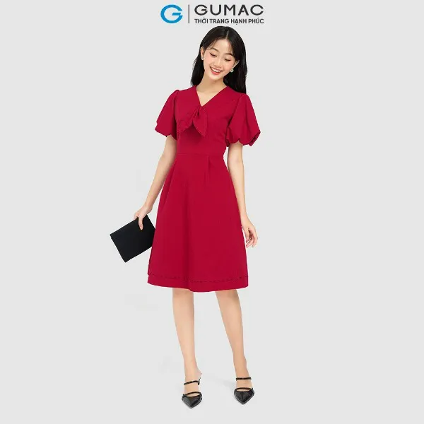 Đầm cổ nơ phối chỉ nữ GUMAC form chữ A nhiều màu