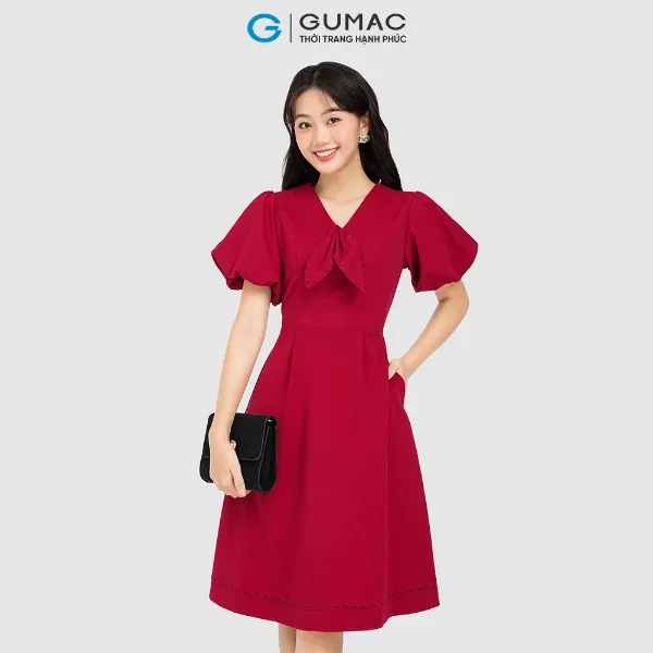 Đầm cổ nơ phối chỉ nữ GUMAC form chữ A nhiều màu