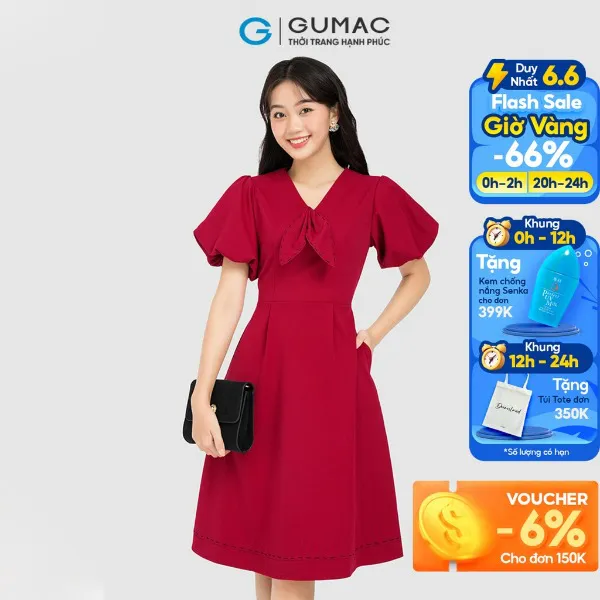 Đầm cổ nơ phối chỉ nữ GUMAC form chữ A nhiều màu