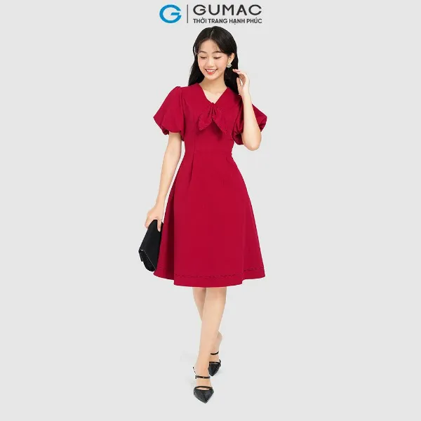 Đầm cổ nơ phối chỉ nữ GUMAC form chữ A nhiều màu