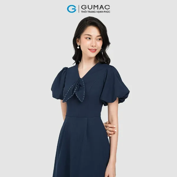 Đầm cổ nơ phối chỉ nữ GUMAC form chữ A nhiều màu