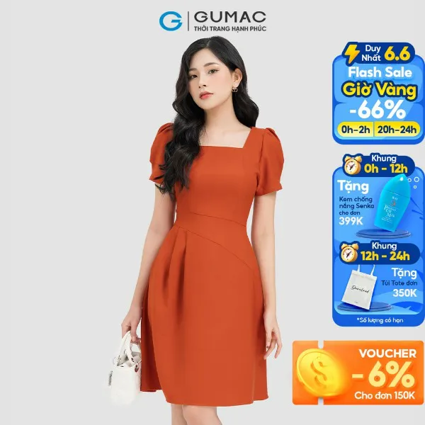 Đầm công sở nữ cổ U xếp eo thời trang GUMAC dáng ôm