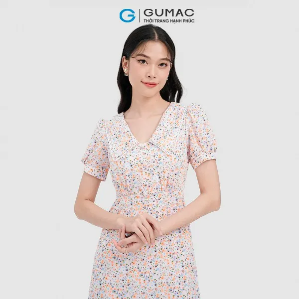 Đầm hoa nhí GUMAC cổ V phối viền đăng ten