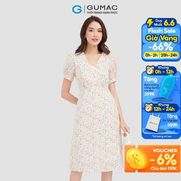 Đầm hoa nhí GUMAC cổ V phối viền đăng ten