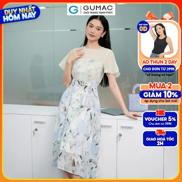 Đầm hoa phối vải tay loe GUMAC