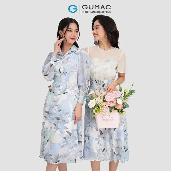 Đầm hoa phối vải tay loe GUMAC