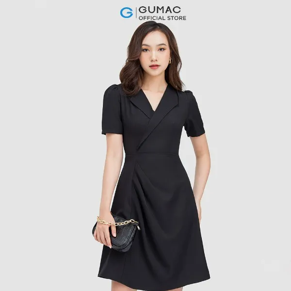 Đầm nữ thời trang GUMAC màu đen dáng chữ A phối cổ vest