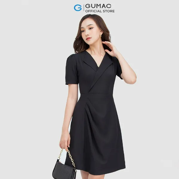 Đầm nữ thời trang GUMAC màu đen dáng chữ A phối cổ vest