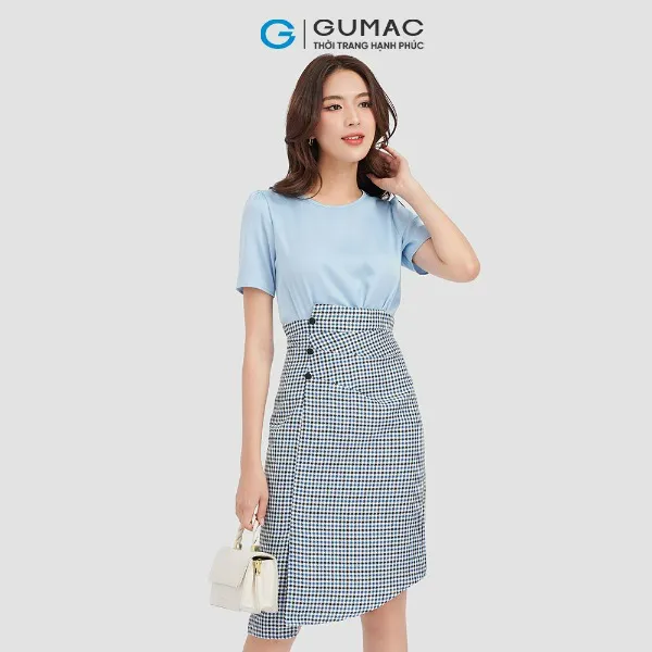 Đầm ôm body nữ sọc caro GUMAC phối lụa thời trang