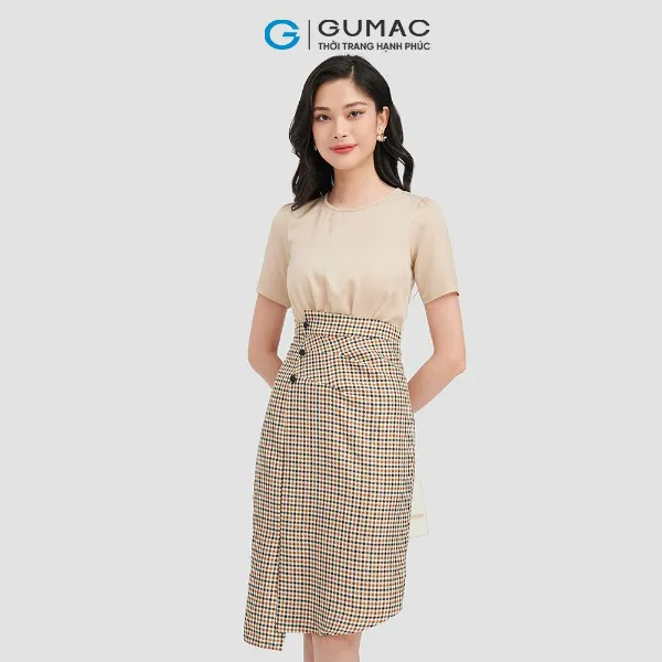 Đầm ôm body nữ sọc caro GUMAC phối lụa thời trang