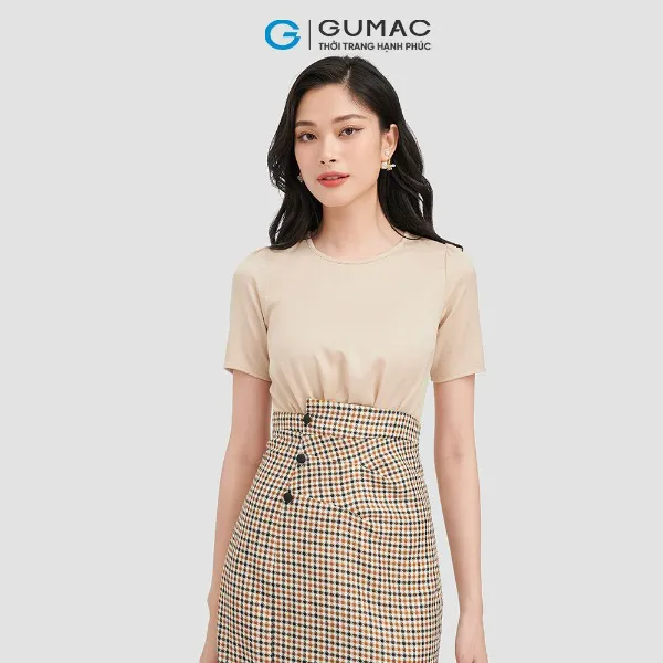 Đầm ôm body nữ sọc caro GUMAC phối lụa thời trang
