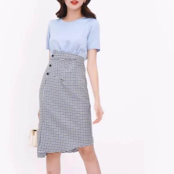 Đầm ôm body nữ sọc caro GUMAC phối lụa thời trang