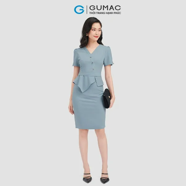 Đầm peplum đính nút GUMAC vải kaki thun 1 lớp cổ gắn tay ngắn màu xanh cam