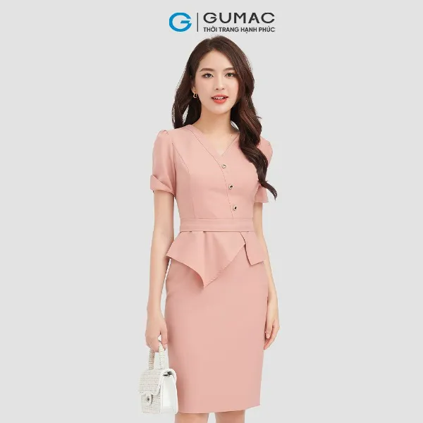 Đầm peplum đính nút GUMAC vải kaki thun 1 lớp cổ gắn tay ngắn màu xanh cam