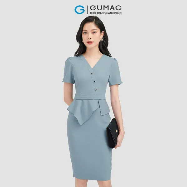 Đầm peplum đính nút GUMAC vải kaki thun 1 lớp cổ gắn tay ngắn màu xanh cam
