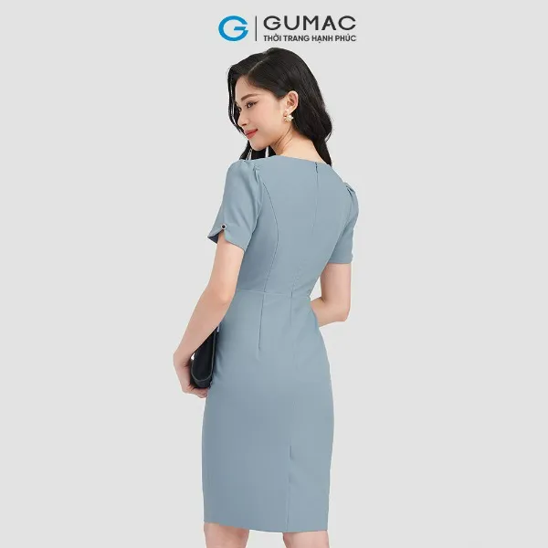 Đầm peplum đính nút GUMAC vải kaki thun 1 lớp cổ gắn tay ngắn màu xanh cam