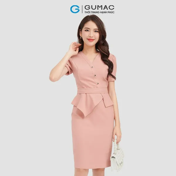 Đầm peplum đính nút GUMAC vải kaki thun 1 lớp cổ gắn tay ngắn màu xanh cam