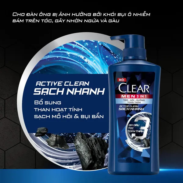 Dầu Tắm - Gội - Dưỡng Mát Lạnh 3 trong 1 cho nam Clear Men Active 630g
