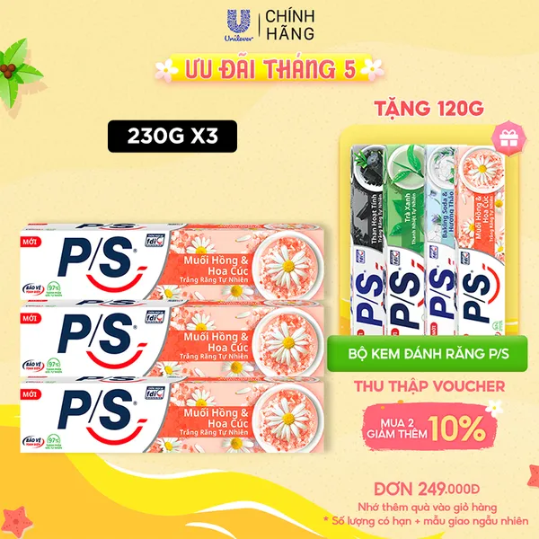Bộ 3 Kem đánh răng P/S Muối Hồng & Hoa Cúc 230g/hộp