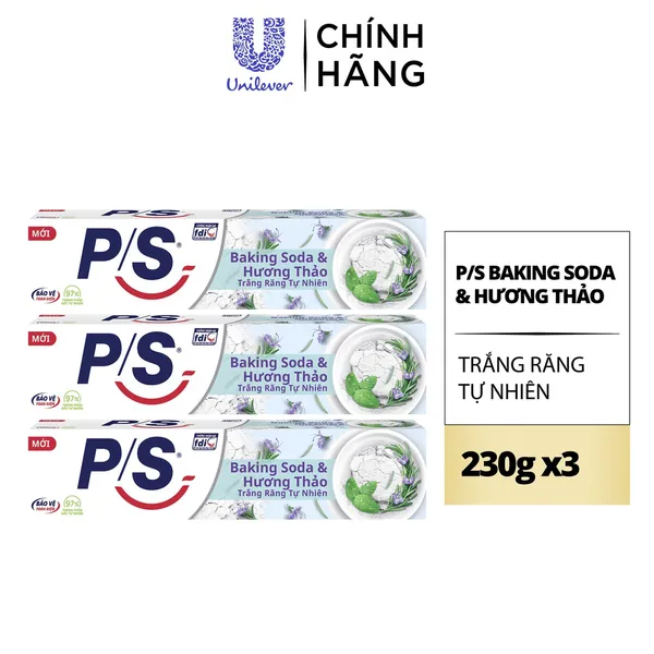 Bộ 3 Hộp Kem Đánh Răng P/S Thiên Nhiên Baking Soda - Hương Thảo Trắng Răng Tự Nhiên 230G