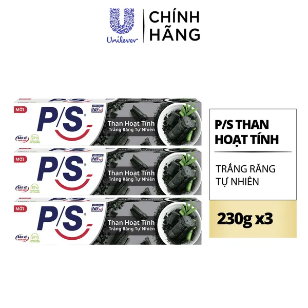 Bộ 3 Hộp Kem đánh răng P/S Thiên nhiên Than Hoạt Tính cho nụ cười trắng chuẩn tự nhiên 230g