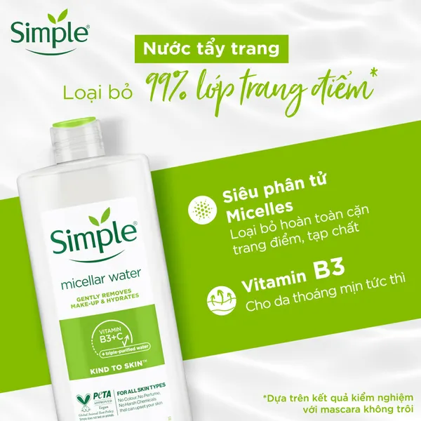 Nước tẩy trang Simple Micellar làm sạch 99% trang điểm - cho da thoáng mịn tức thì 400ml