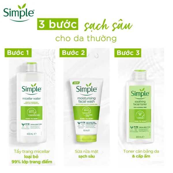 Nước tẩy trang Simple Micellar làm sạch 99% trang điểm - cho da thoáng mịn tức thì 400ml