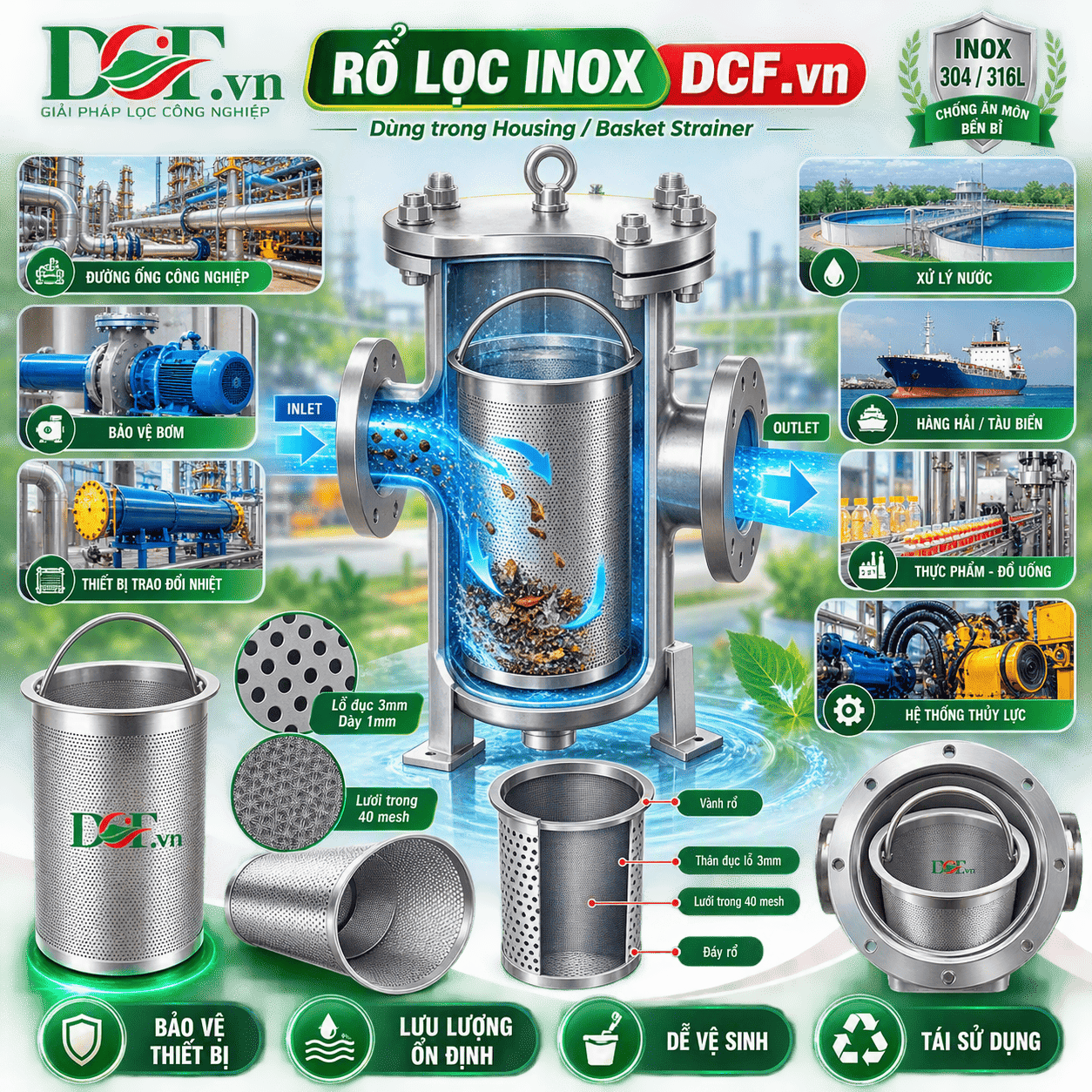 Rổ lọc inox đục lỗ 3mm dày 1mm lưới trong 40 mesh