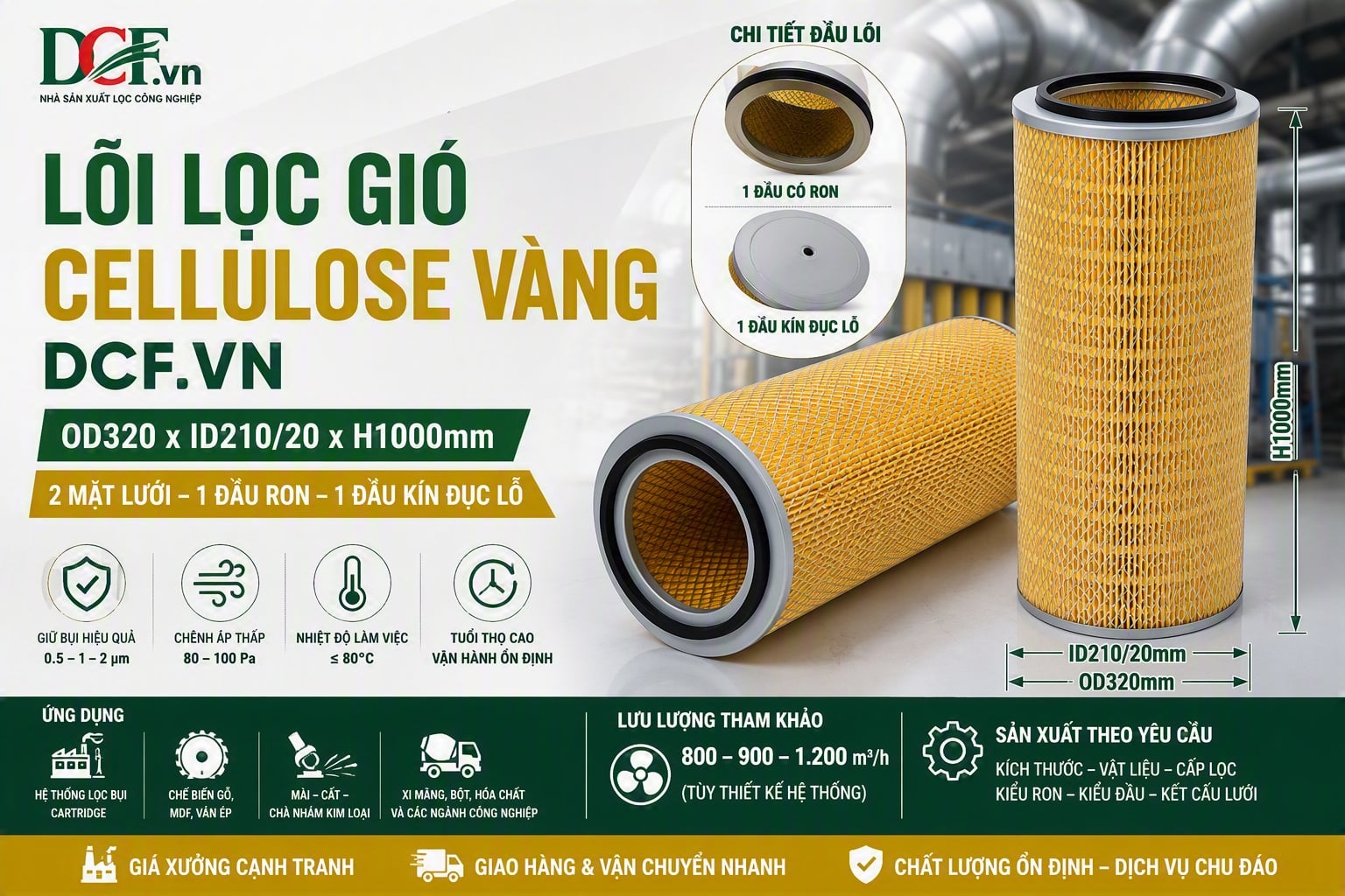 Lõi lọc gió cellulose vàng DCF.vn cho hệ thống lọc bụi