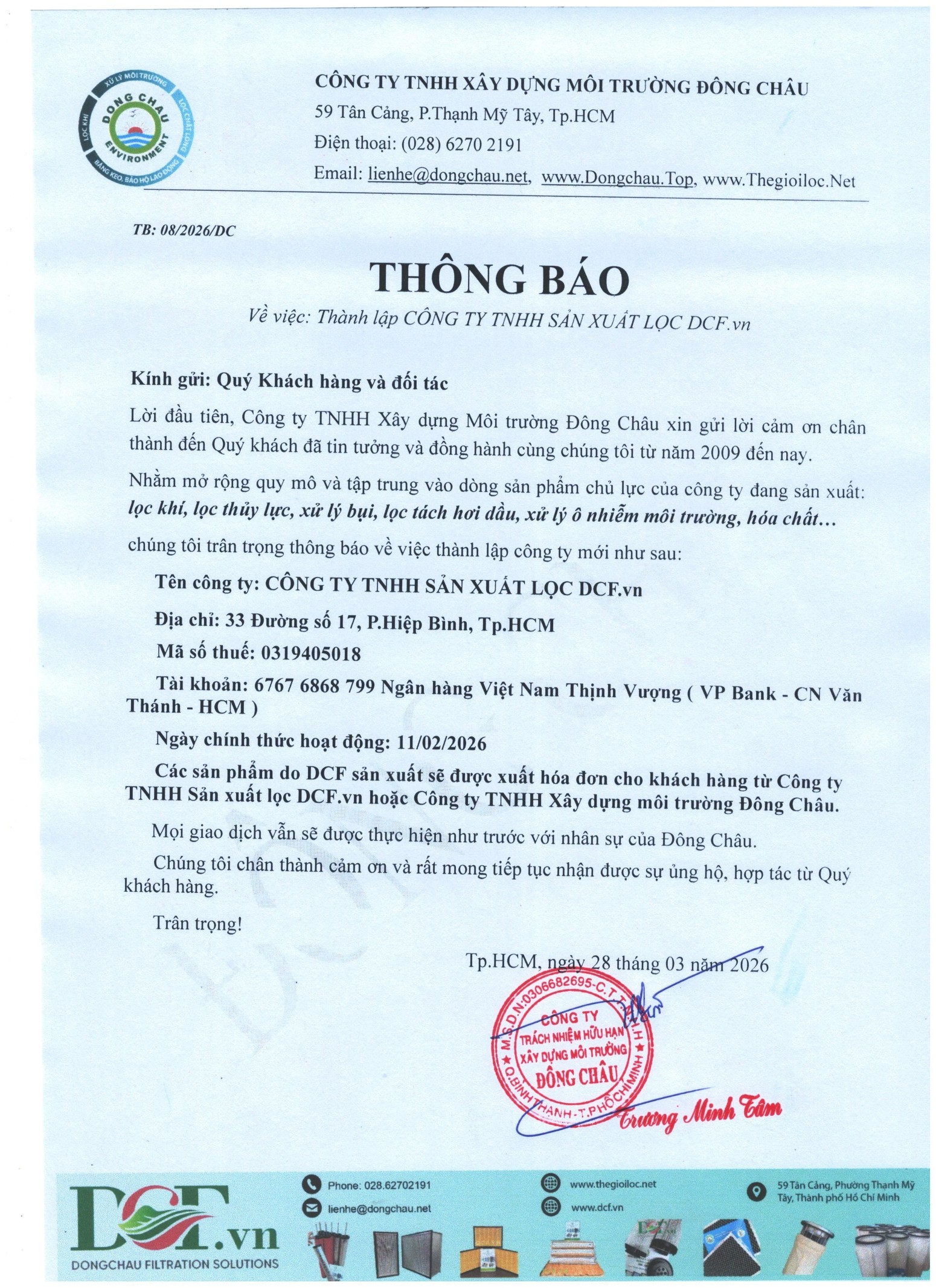 thông tin thành lập Giới thiệu về Công Ty TNHH Sản Xuất Lọc DCF.vn