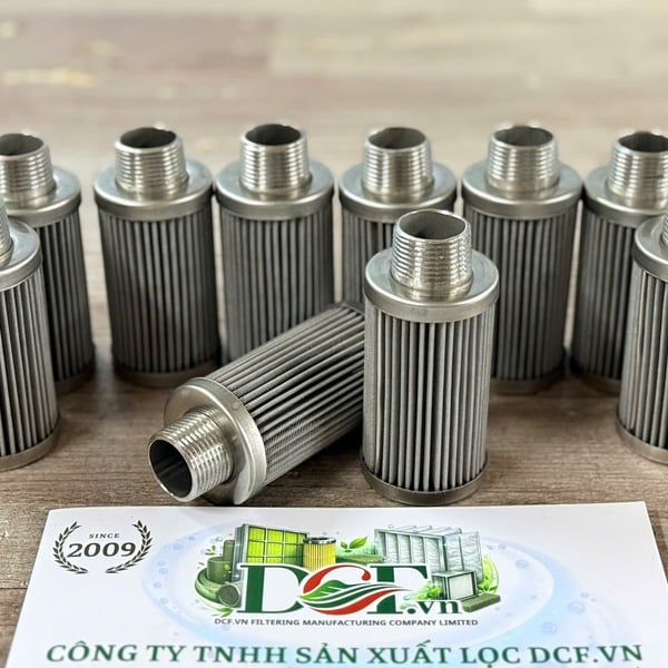Phin lọc dầu inox xếp nếp 5 micron OD43 x Ren ngoài 27/0 xH80mm nắp inox