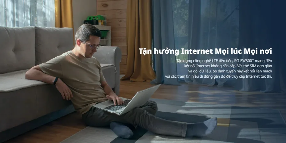 Tận hưởng Internet mọi lúc mọi nơi với bộ định tuyến 4G LTE RG-EW300T không cần dây cáp. Tận hưởng Internet mọi lúc mọi nơi với bộ định tuyến 4G LTE RG-EW300T không cần dây cáp.