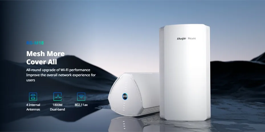 RG-M18 Mesh phủ sóng toàn nhà với 4 ăng-ten trong, băng tần kép 1800 Mbps, chuẩn 802.11ax RG-M18 Mesh phủ sóng toàn nhà với 4 ăng-ten trong, băng tần kép 1800 Mbps, chuẩn 802.11ax
