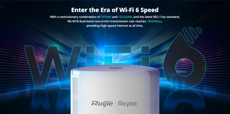 RG-M18 WiFi 6 với OFDMA và 1024QAM, tốc độ băng tần kép đồng thời 1800 Mbps RG-M18 WiFi 6 với OFDMA và 1024QAM, tốc độ băng tần kép đồng thời 1800 Mbps