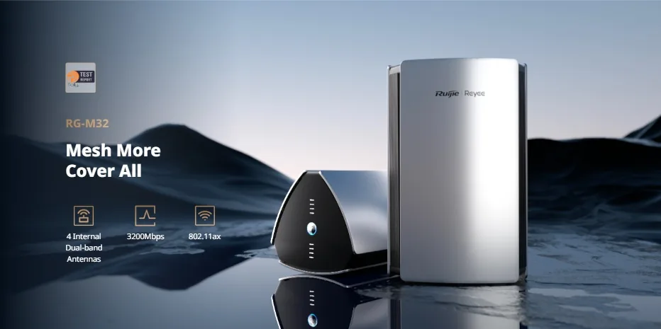 Hai thiết bị RG-M32 Mesh phủ sóng toàn nhà, 4 ăng-ten trong băng tần kép, tốc độ 3200 Mbps, chuẩn 802.11ax Hai thiết bị RG-M32 Mesh phủ sóng toàn nhà, 4 ăng-ten trong băng tần kép, tốc độ 3200 Mbps, chuẩn 802.11ax