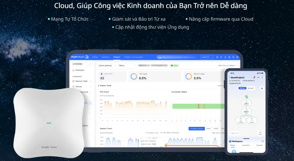 Quản lý RG-RAP73HD qua Ruijie Cloud: mạng tự tổ chức, giám sát và bảo trì từ xa, nâng cấp firmware qua cloud Quản lý RG-RAP73HD qua Ruijie Cloud: mạng tự tổ chức, giám sát và bảo trì từ xa, nâng cấp firmware qua cloud