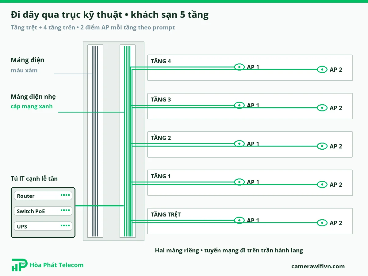 Đi dây mạng từ tủ IT tầng trệt qua máng điện nhẹ trong trục kỹ thuật lên AP các tầng Đi dây mạng từ tủ IT tầng trệt qua máng điện nhẹ trong trục kỹ thuật lên AP các tầng