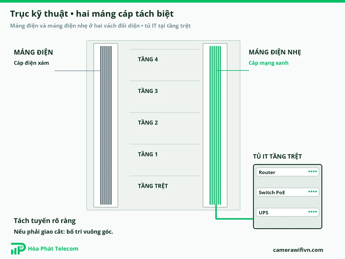 Trục kỹ thuật khách sạn với máng điện và máng điện nhẹ riêng, cáp mạng về tủ IT tầng trệt Trục kỹ thuật khách sạn với máng điện và máng điện nhẹ riêng, cáp mạng về tủ IT tầng trệt