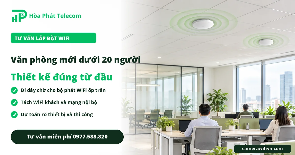 Minh họa lắp đặt WiFi cho văn phòng mới dưới 20 người với hai bộ phát ốp trần Minh họa lắp đặt WiFi cho văn phòng mới dưới 20 người với hai bộ phát ốp trần