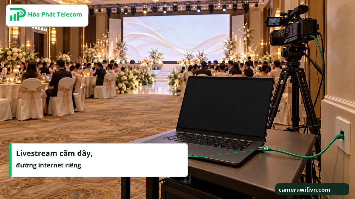 Máy quay và laptop livestream đám cưới kết nối bằng dây mạng Máy quay và laptop livestream đám cưới kết nối bằng dây mạng