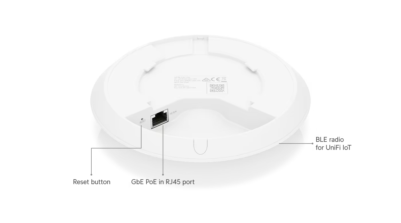 Các cổng kết nối tại mặt dưới của UniFi U6 Lite