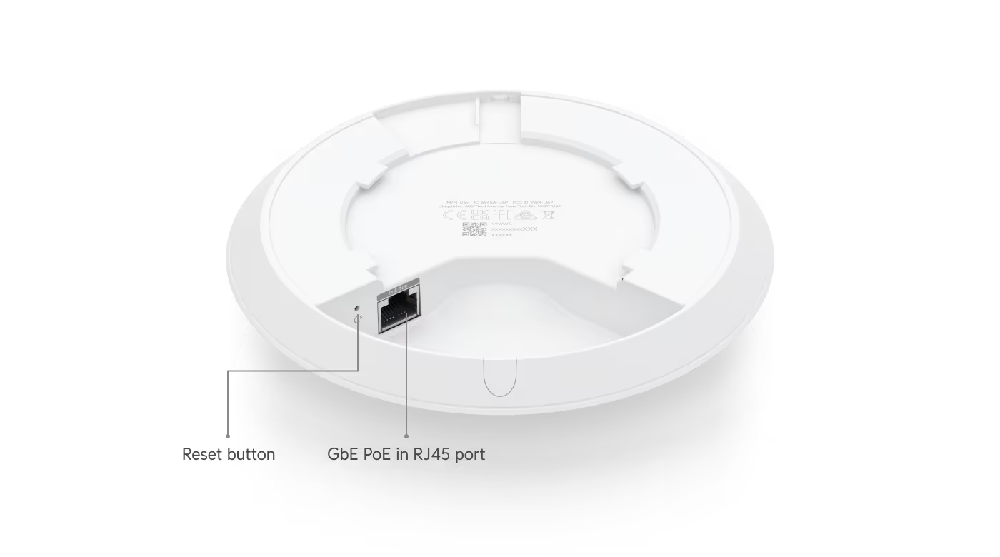 Các cổng kết nối tại mặt dưới của UniFi U6 Plus