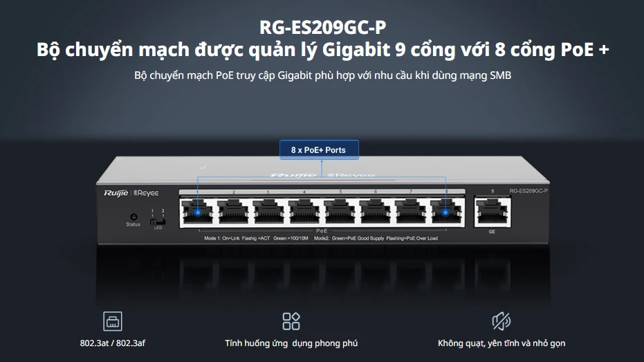 RG-ES209GC-P Switch 8 cổng PoE và 1 cổng Uplink Gigabit RG-ES209GC-P Switch 8 cổng PoE và 1 cổng Uplink Gigabit