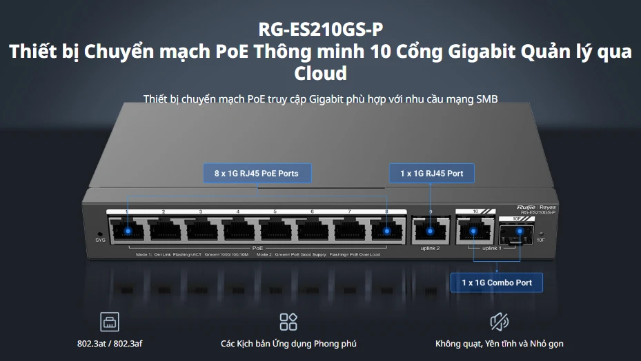 RG-ES210GS-P Switch 8 cổng PoE có Uplink quang Combo SFP/RJ45 RG-ES210GS-P Switch 8 cổng PoE có Uplink quang Combo SFP/RJ45