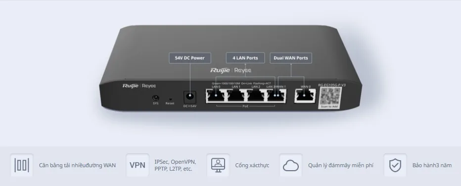 Chú thích cổng router PoE Ruijie RG-EG105G-P-V3: nguồn 54V DC, 4 cổng LAN PoE (LAN3 dùng làm WAN1), 2 cổng WAN Chú thích cổng router PoE Ruijie RG-EG105G-P-V3: nguồn 54V DC, 4 cổng LAN PoE (LAN3 dùng làm WAN1), 2 cổng WAN